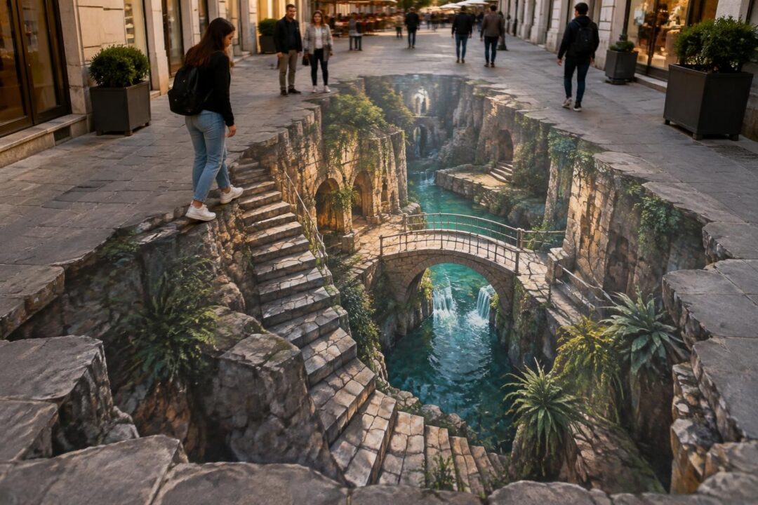 découvrez les anamorphoses urbaines, ces œuvres de street art en trompe-l’œil qui transforment les trottoirs en illusions spectaculaires.