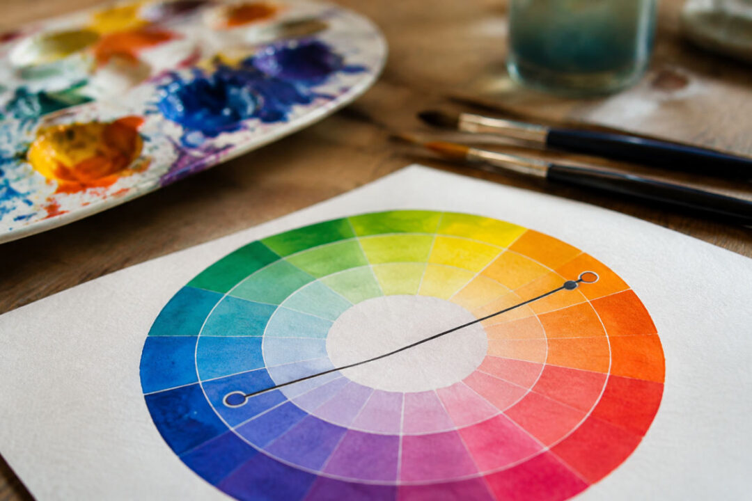 Cercle chromatique montrant les couleurs complémentaires face à face en lumière et en peinture