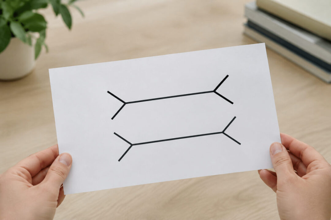 Illusion de Müller-Lyer avec deux segments égaux terminés par des flèches opposées