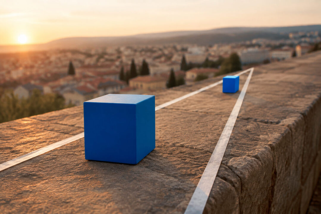 Illusion de Ponzo avec deux barres identiques sur des rails convergeant vers l'horizon