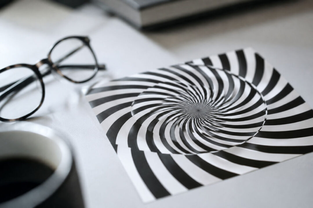 Motif géométrique d'illusions d'optique noir et blanc jouant sur le contraste et l'image rémanente