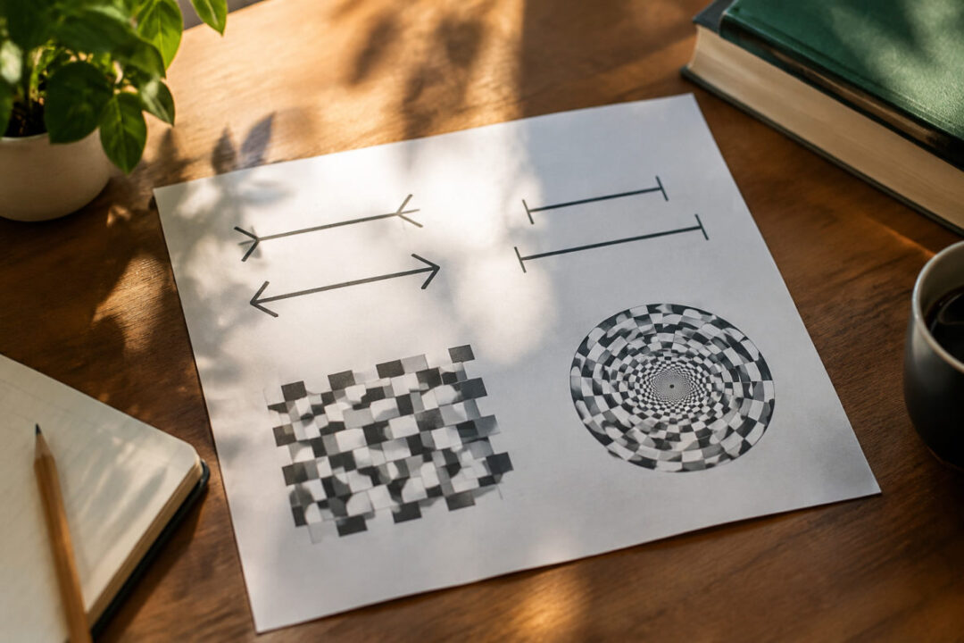 Planche montrant des illusions d'optique géométriques classiques comme Müller-Lyer, Ponzo et Ebbinghaus