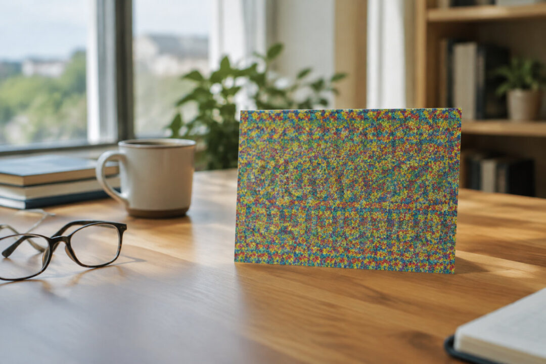 Stéréogramme 3D aux motifs colorés répétés dissimulant une forme cachée en relief